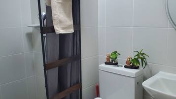 Shower, towels, soap, toilet paper