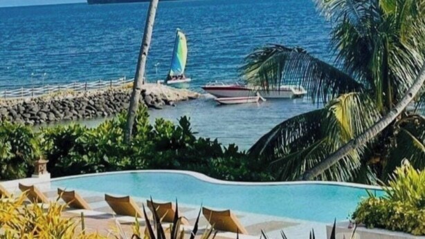 A pool with lounge chairs, a palm tree, and a view of the sea with boats.