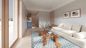 Ionian Two - Spaces Suite Garden View | Área de sala de estar | Televisión de pantalla plana de 43 pulgadas con canales vía satélite 