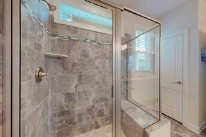 Shower, hair dryer, towels - Millville by the sea home w/ shared pool, WiFi, central AC, W/D, & gas fireplace (Millville)