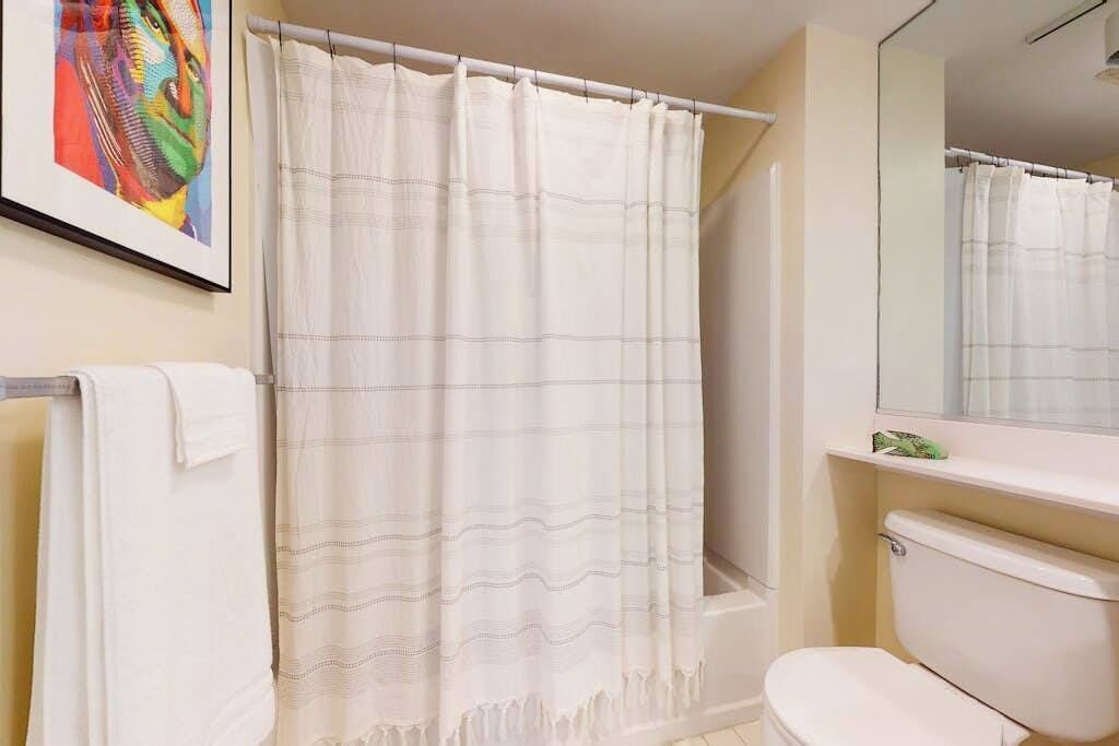 A bathroom with a shower curtain, a toilet, and a mirror.