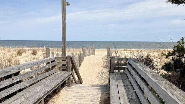 A wooden boardwalk leading to a sandy beach with a wooden fence on either side. - Seaside Villas oceanfront townhome with 2 balconies, beach access & sunrise view (Fenwick Island)