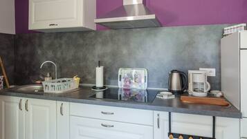Fridge, microwave, oven, cookware/dishes/utensils