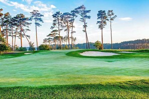 A golf course with sand bunkers, trees, and a clear sky. - Bayside Resort home with decks, gas fireplace, bikes, ping-pong table, W/D, & AC (Selbyville)