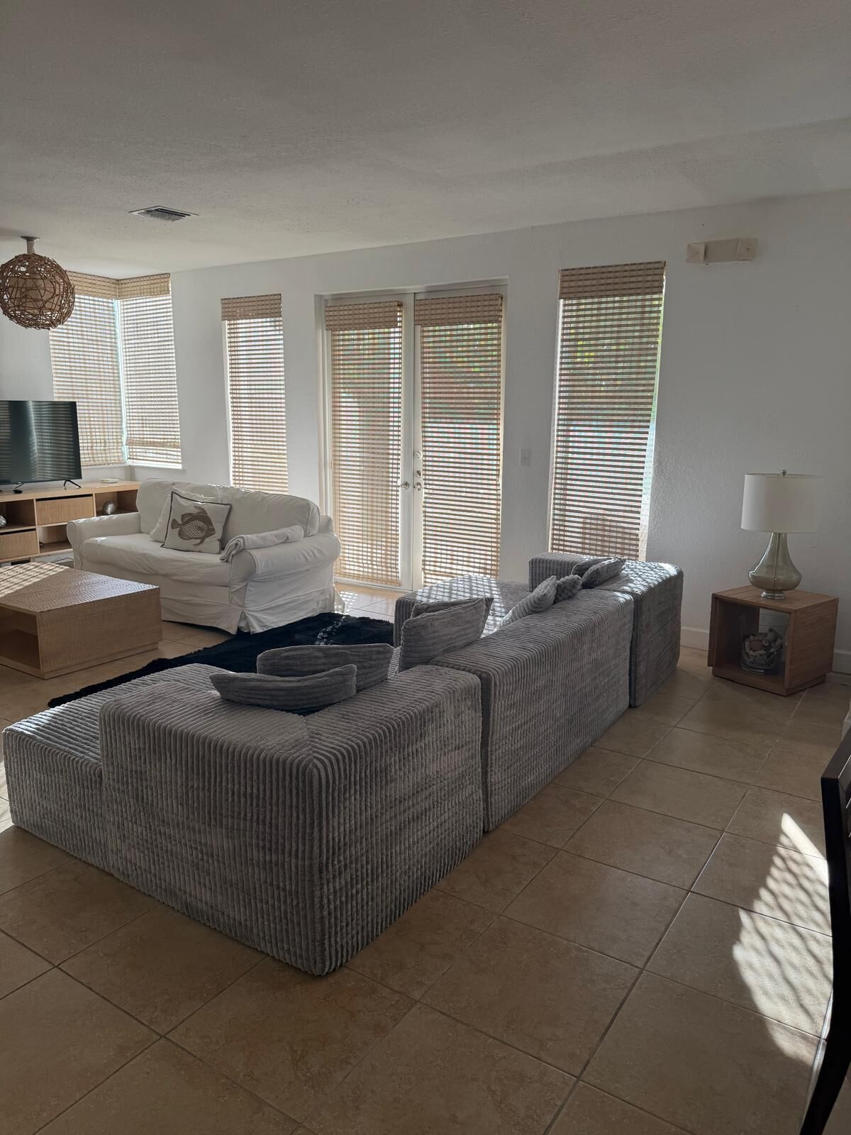 A living room with a sofa, a television, and a lamp.