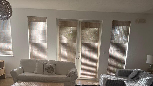 A living room with a sofa, a coffee table, and a rug. There are windows with blinds, a ceiling light, and a door.