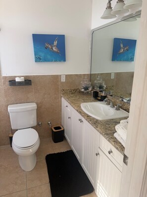 Un baño con inodoro, lavabo, espejo y dos cuadros de pájaros colgados en la pared.