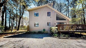 A modern wooden cabin with a sloped roof, surrounded by trees. - Secluded, 4-BR, dog-friendly home, private beach (Bethany Beach)