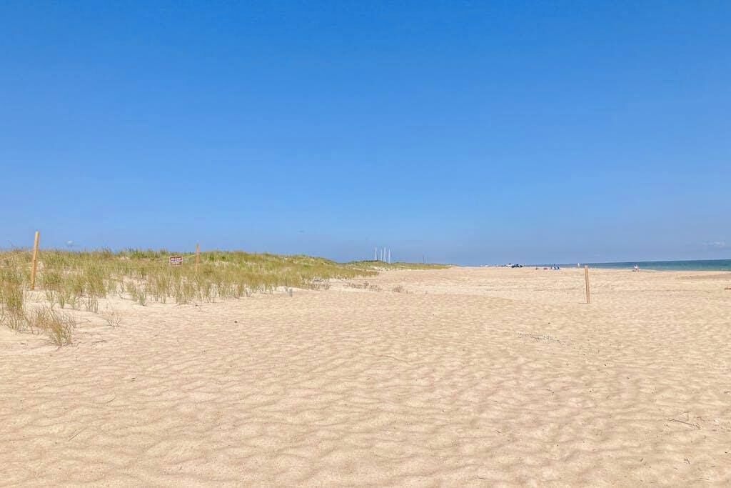 Une plage de sable avec des dunes et un ciel dégagé.