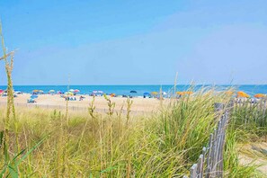 A beach with umbrellas and people, a fence, and tall grass in the foreground.