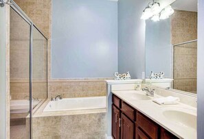 Shower, hair dryer, towels - Bayside Resort townhome with deck, balcony, pools, & hot tub (Selbyville)