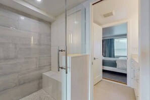 Shower, hair dryer, towels - Newly renovated beachfront townhome with lovely unique decor, firepit, & deck (Dewey Beach)