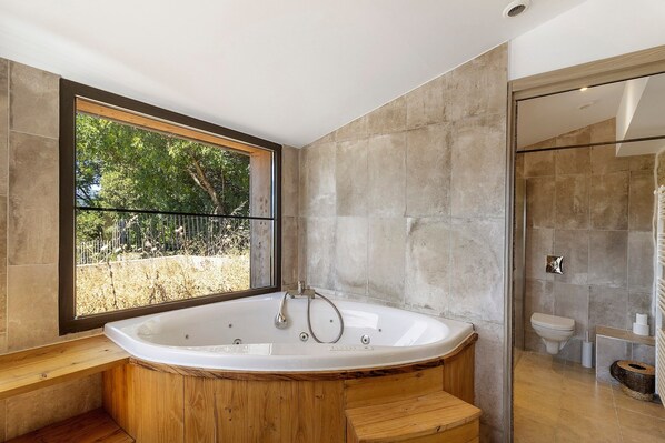 Une salle de bain moderne avec une baignoire sur pieds, des toilettes et un espace douche.
