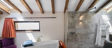 Shower, hair dryer, towels