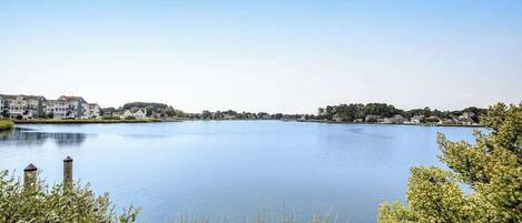 Un lago tranquilo con edificios al fondo.
