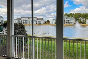Blick auf einen See mit Enten, einem Brunnen und Wohnhäusern im Hintergrund.