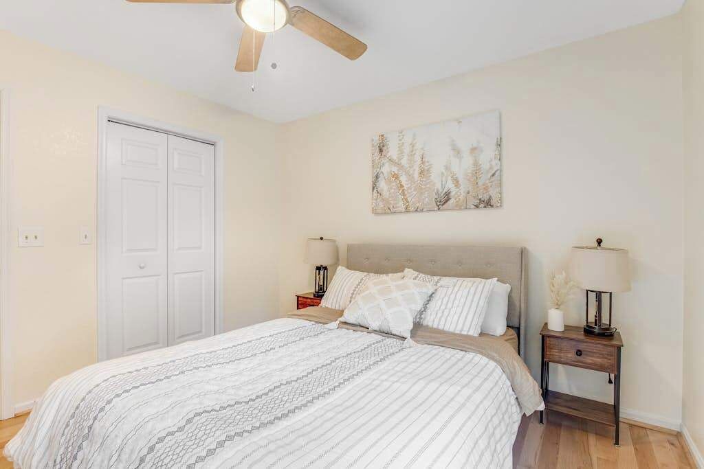 A bedroom with a bed, a ceiling fan, a nightstand with a lamp, a wall-mounted artwork, and a door.