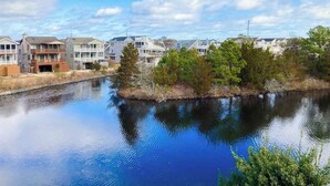 Una zona residenziale con case lungo un corso d'acqua tranquillo, circondata da alberi.