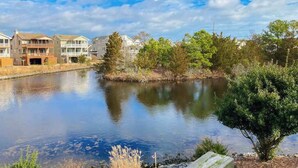 Un quartiere residenziale con un fiume tranquillo, case con balconi e alberi.