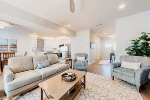 TV, offices - Friendship Creek charming townhome with pool, patio, & garden views - near beach (Frankford)