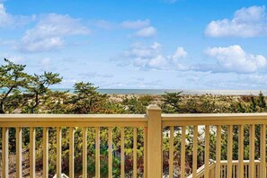 Une terrasse en bois donnant sur une plage où la végétation est rare et où le ciel est dégagé.