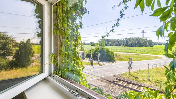 Una ventana con vista a un paso de tren y vías, rodeado de follaje.