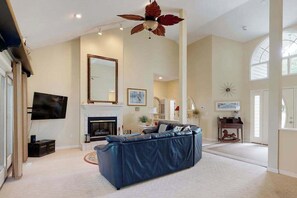 TV, fireplace, offices - Salt Pond house with golf course views, pool, tennis, fireplace, porch, deck, AC (Bethany Beach)