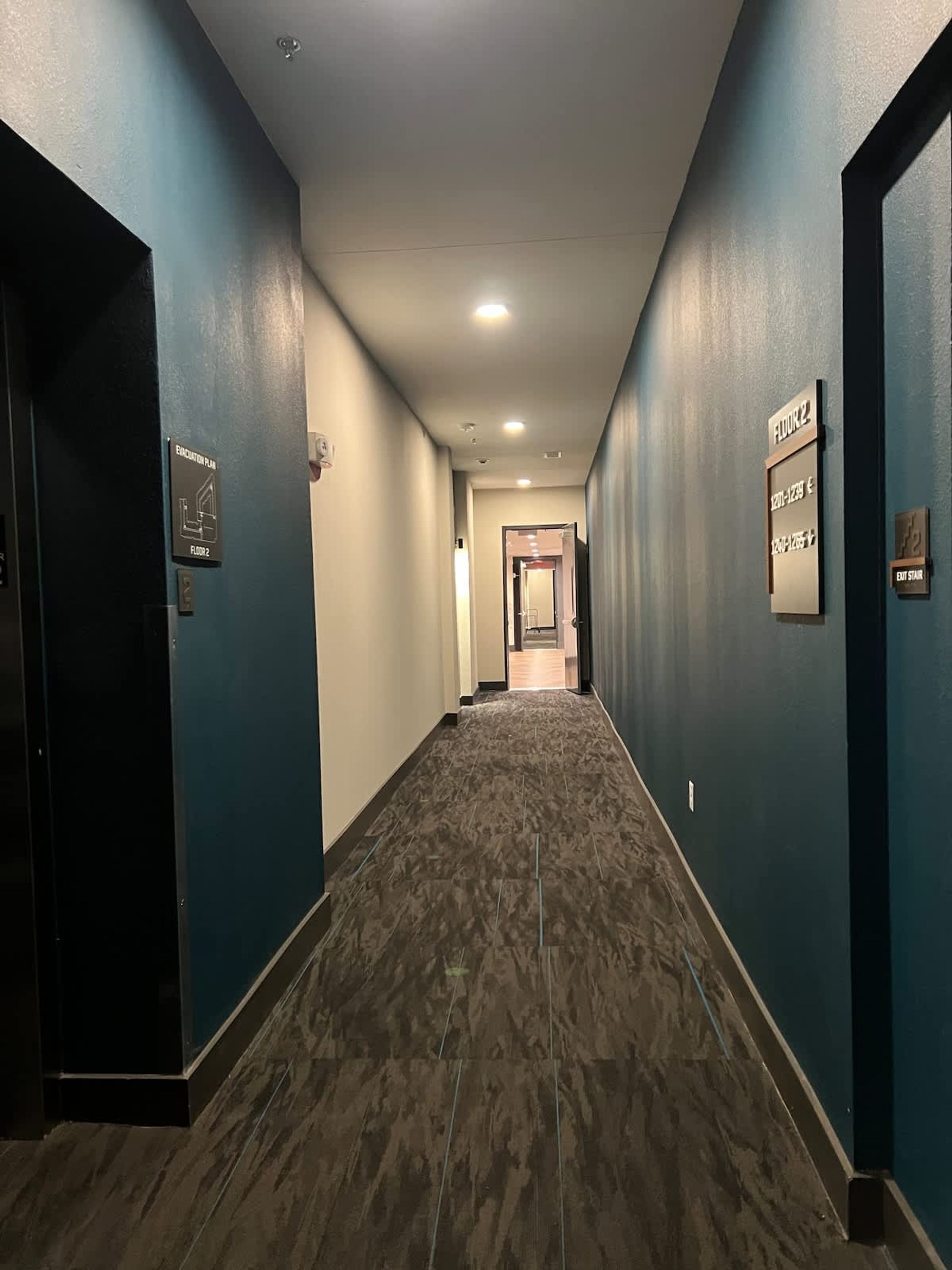 A hallway with blue walls, a carpeted floor, and signs indicating floor levels and an exit stair.