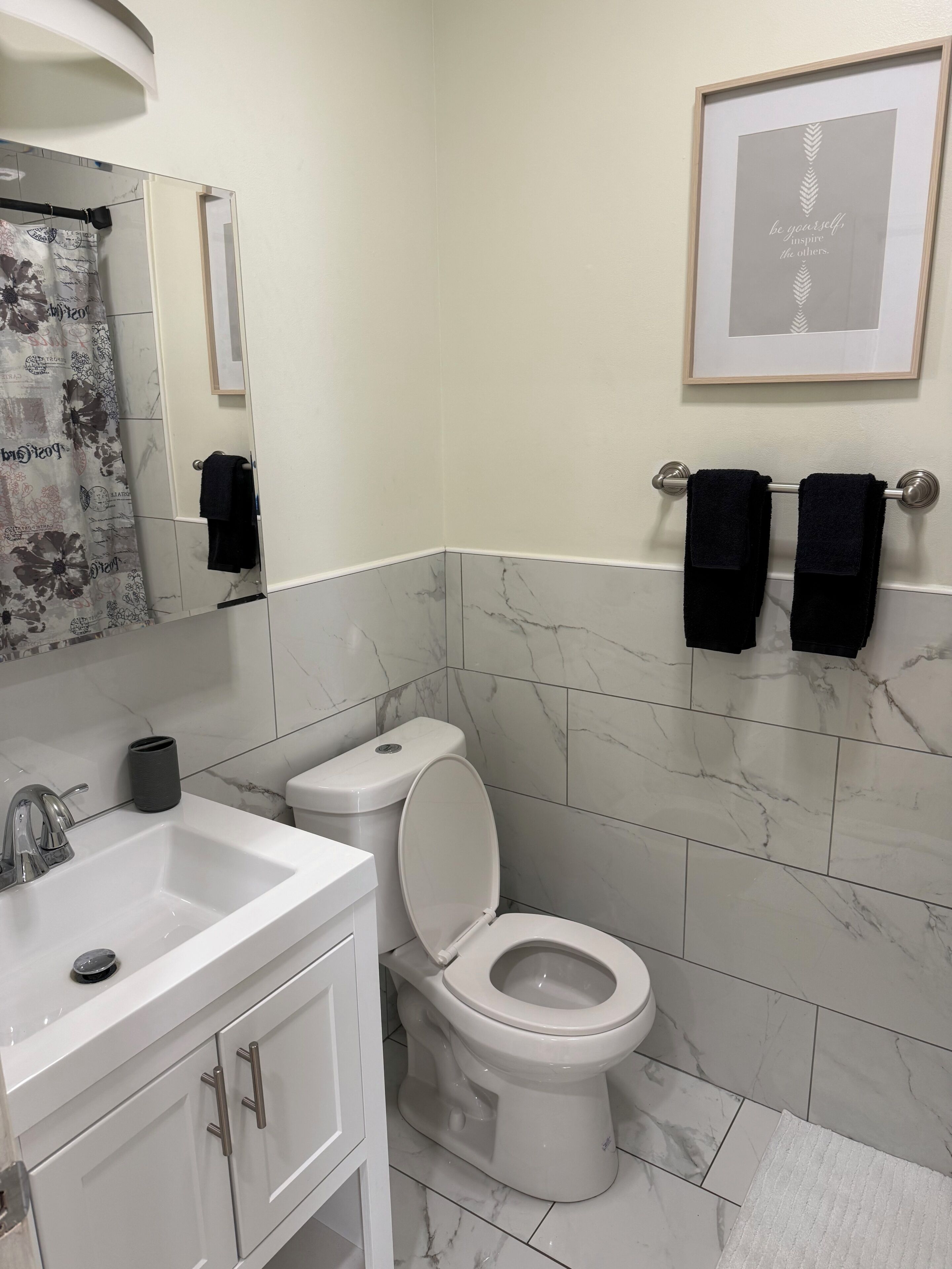 Hair dryer, towels, soap, toilet paper