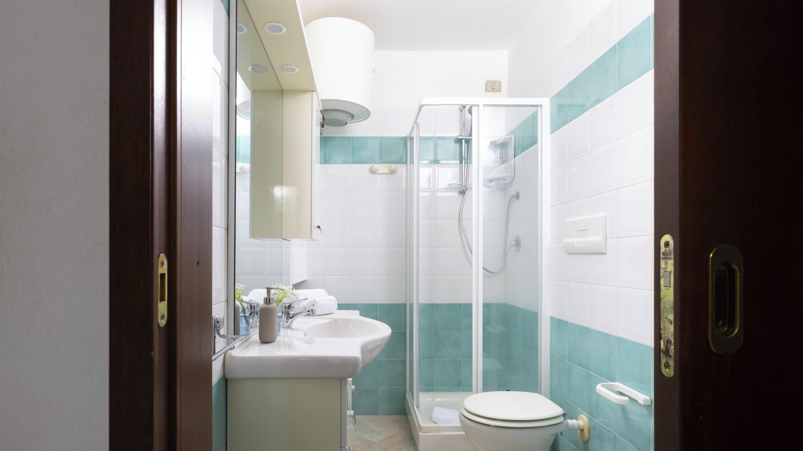 Un bagno con doccia, WC, lavandino e specchio.