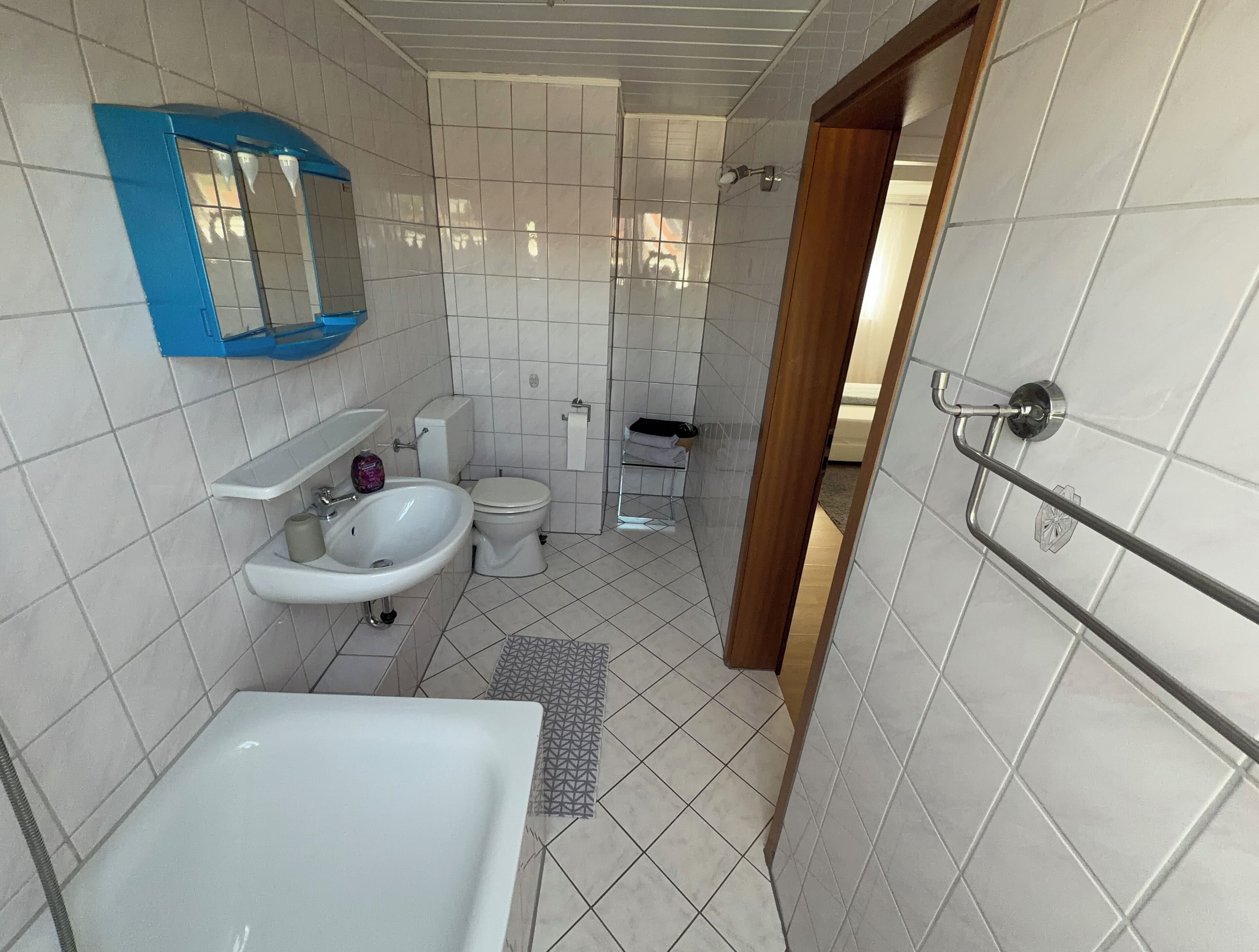 Regadera, secadora de cabello, toallas, papel de baño 