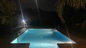 A nighttime swimming pool with a clear view of the water, surrounded by palm trees and a well-lit area. - Magnificent villa in Santa Susanna, 100m from the beach, with pool and privacy (Santa Susanna)