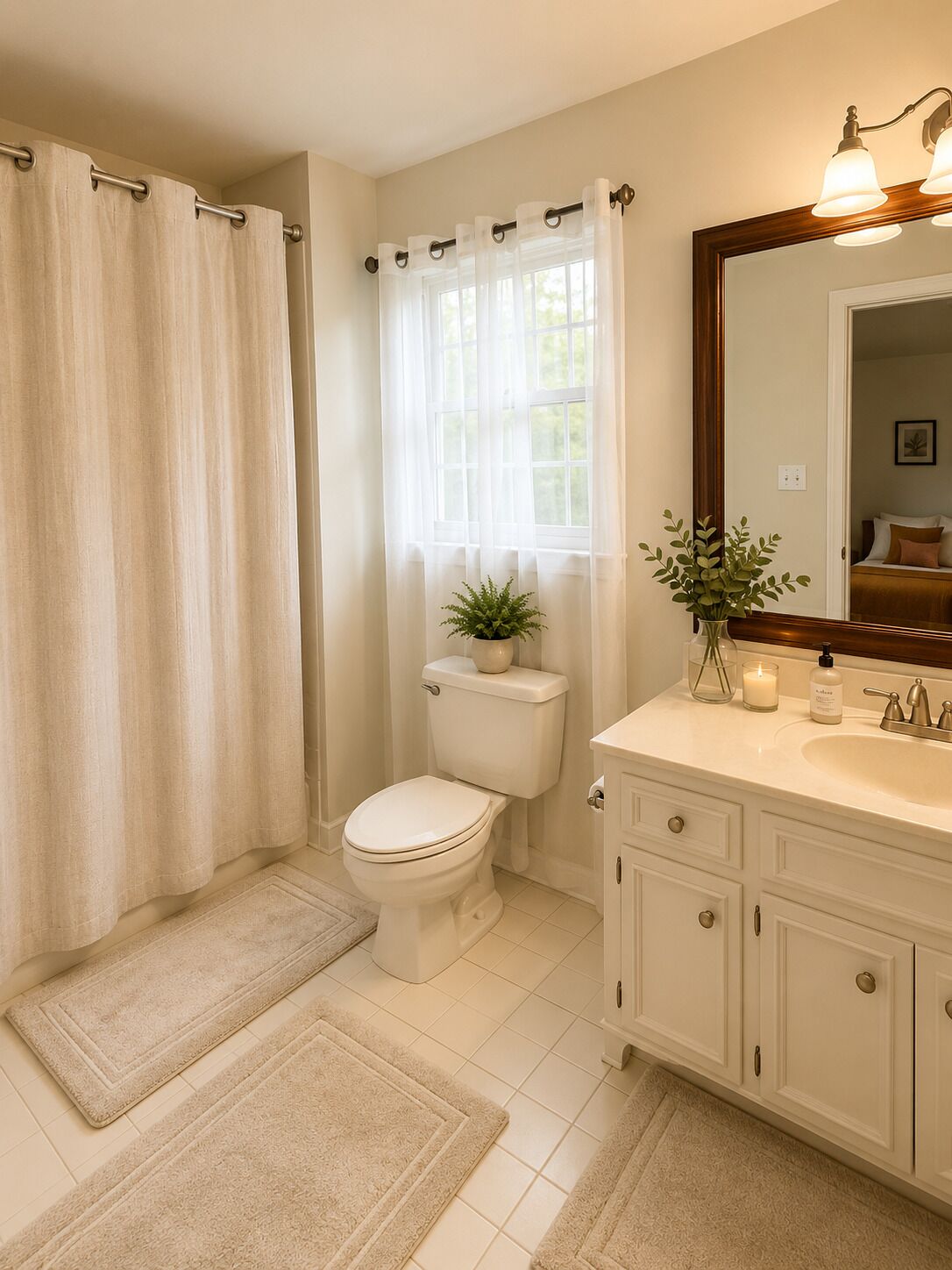A bathroom with a toilet, a sink, a mirror, and a shower curtain.