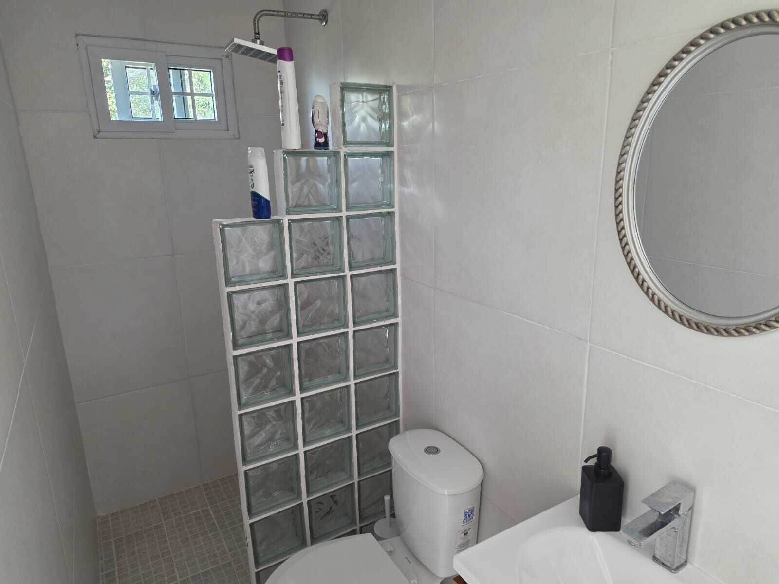Shower, towels, soap, toilet paper