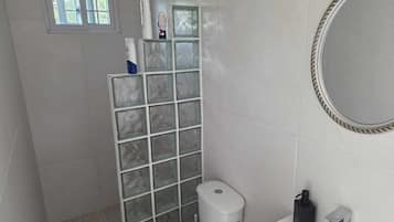 Shower, towels, soap, toilet paper