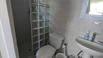 Douche, serviettes fournies, savon, papier toilette