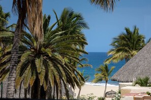 Ein Strand mit Palmen, einem Gebäude mit Reetdach und freiem Blick auf den Ozean.
