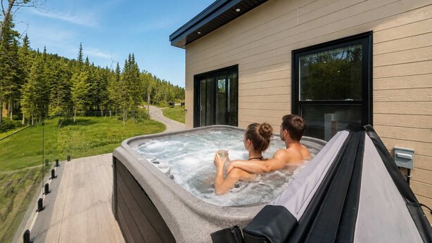 A hot tub on a deck with a view of a forested area. - Spa & Nature Escape | Le Nova (Adstock)
