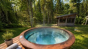 Kuuma poreallas metsäisellä alueella, jossa on puinen terassi, pieni mökki ja ruukussa oleva kasvi.