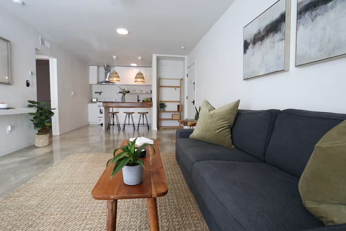 A modern living room with a sofa, a coffee table with a plant, and a kitchen in the background.
