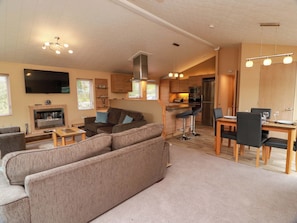 A compact living space with a sofa, TV, fireplace, kitchen area, and dining table. - L21 Coastal Kippford (Dalbeattie)