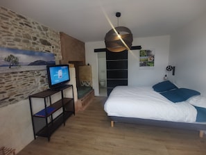 Un dormitorio con pared de piedra, televisor, cama con almohadas azules y lámpara colgante.