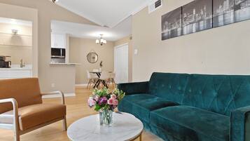 Smart TV, fireplace, books