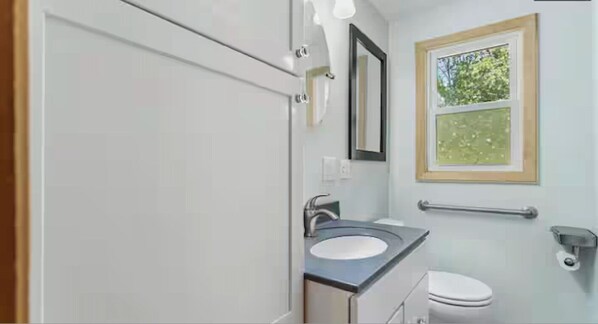 Hair dryer, towels, soap, shampoo