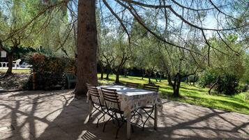 An outdoor dining area with a table and chairs under a tree, surrounded by greenery.