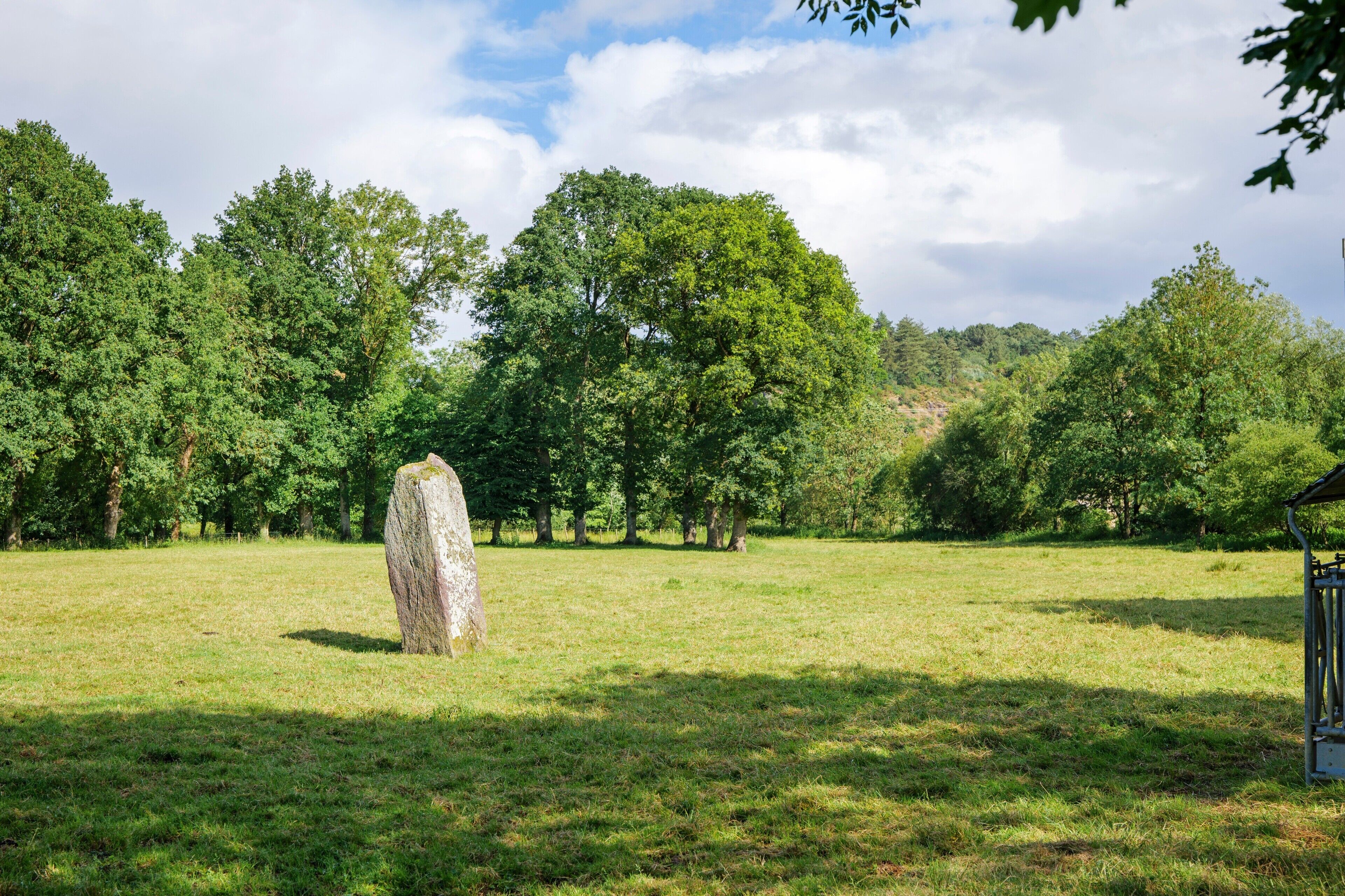 A stone monument in a grassy field with trees in the background.