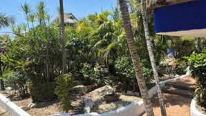 A tropical garden with palm trees, a thatched-roof structure, and a white-painted wall.