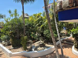 A tropical garden with palm trees, a thatched-roof structure, and a white-painted wall.