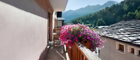 A balcony with a wooden railing, a wooden bench, and a flower box with pink flowers.