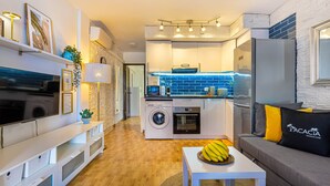 Un espace de vie compact comprenant un coin cuisine, un lave-linge, un coin repas et un canapé avec un coussin.